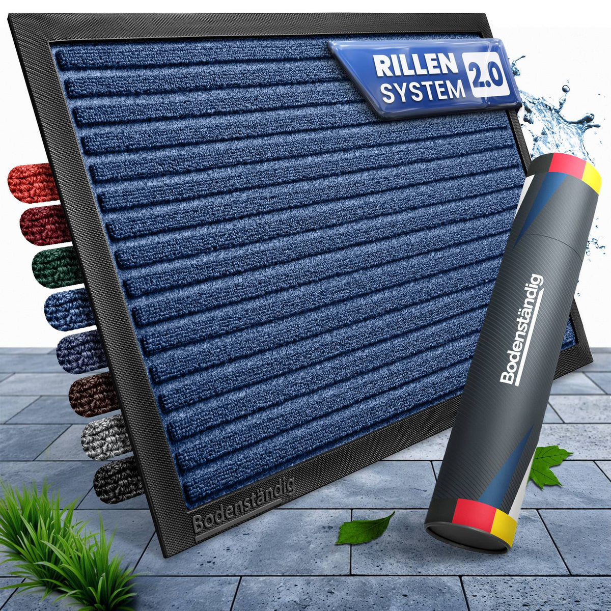 Blaue gerillte Fußmatte mit Rillensystem 2.0, Farbmustern am Rand und Bodenständig-Verpackungsrolle auf Steinplatten