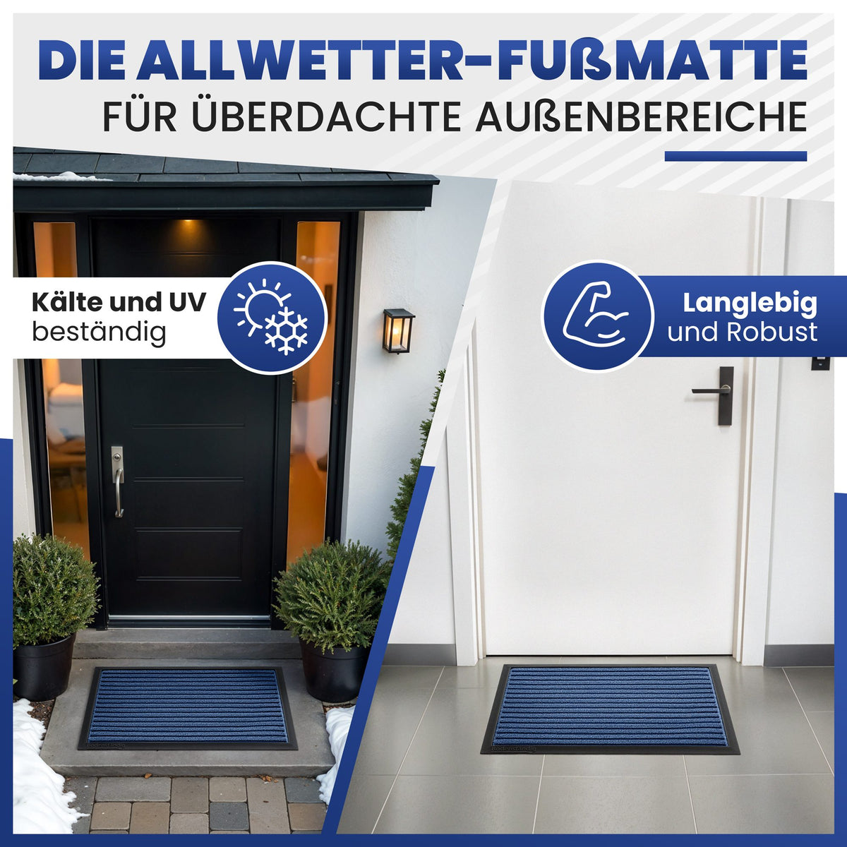 Blaue Fußmatte vor einer Haustür im Winter und in einem Flur; Text: Allwetter-Fußmatte, kälte- und UV-beständig, langlebig