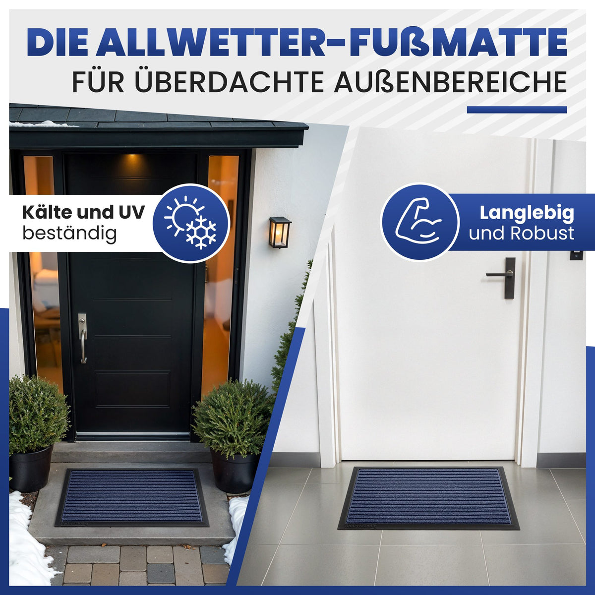 Blaue gerillte Fußmatte vor einer schwarzen Haustür und im Flur, Text: Allwetter-Fußmatte, kälte- und UV-beständig, langlebig