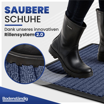 Schwarzer Gummistiefel auf blauer gerillter Fußmatte, Lupenansicht der Rillen, Text: Saubere Schuhe dank Rillensystem 2.0