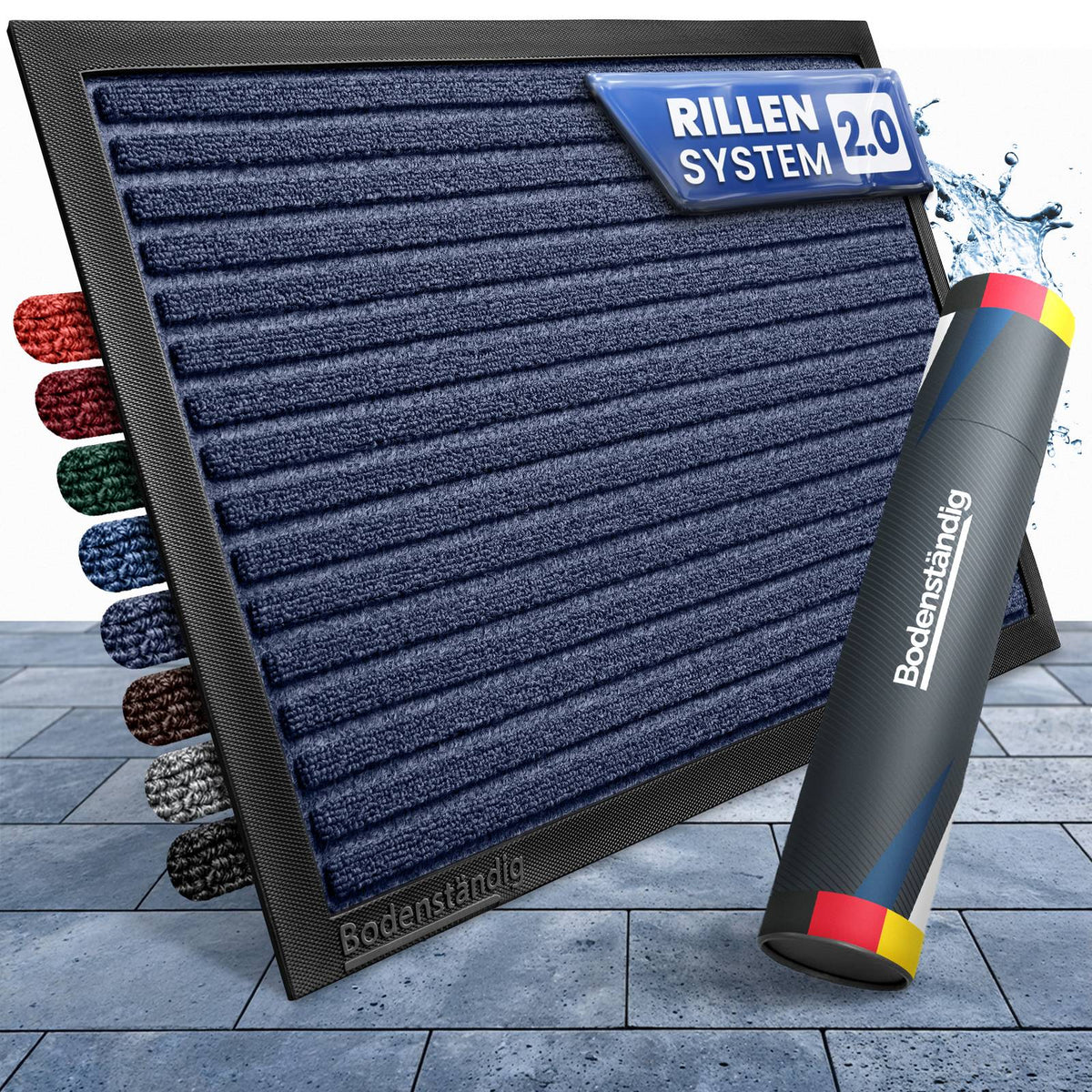 Dunkelblaue gerillte Fußmatte mit Rillensystem 2.0, Farbmustern am Rand und Bodenständig-Verpackungsrolle auf Steinplatten