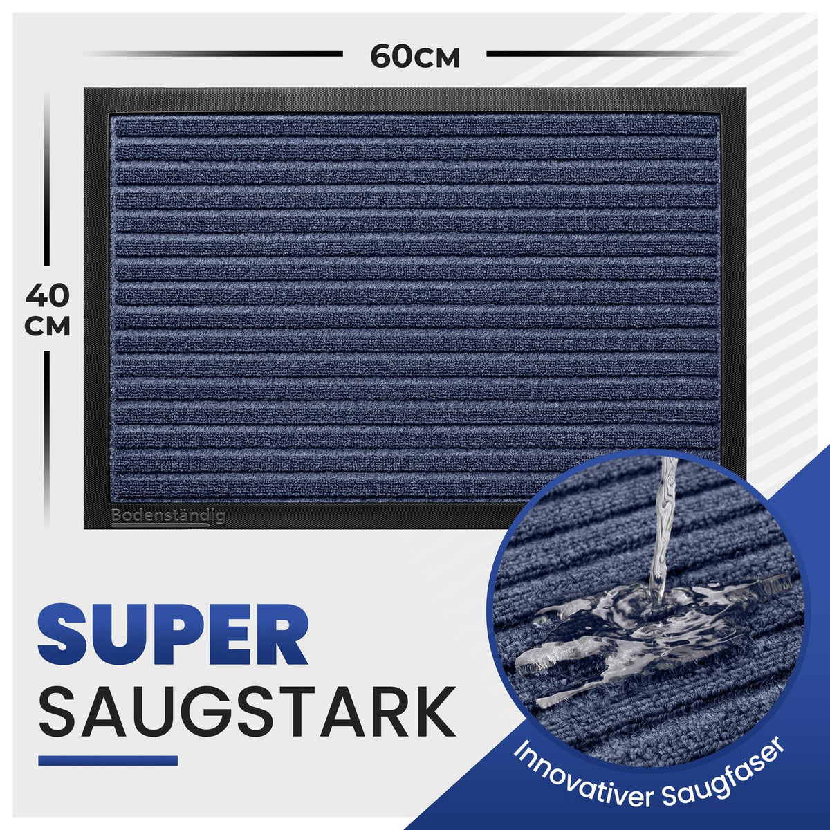 Dunkelblaue Fußmatte mit Maßen 60 x 40 cm; Wasser versickert in der Saugfaser, Text: Super saugstark
