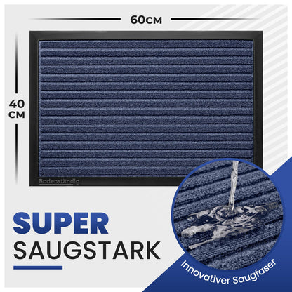 Dunkelblaue Fußmatte mit Maßen 60 x 40 cm; Wasser versickert in der Saugfaser, Text: Super saugstark