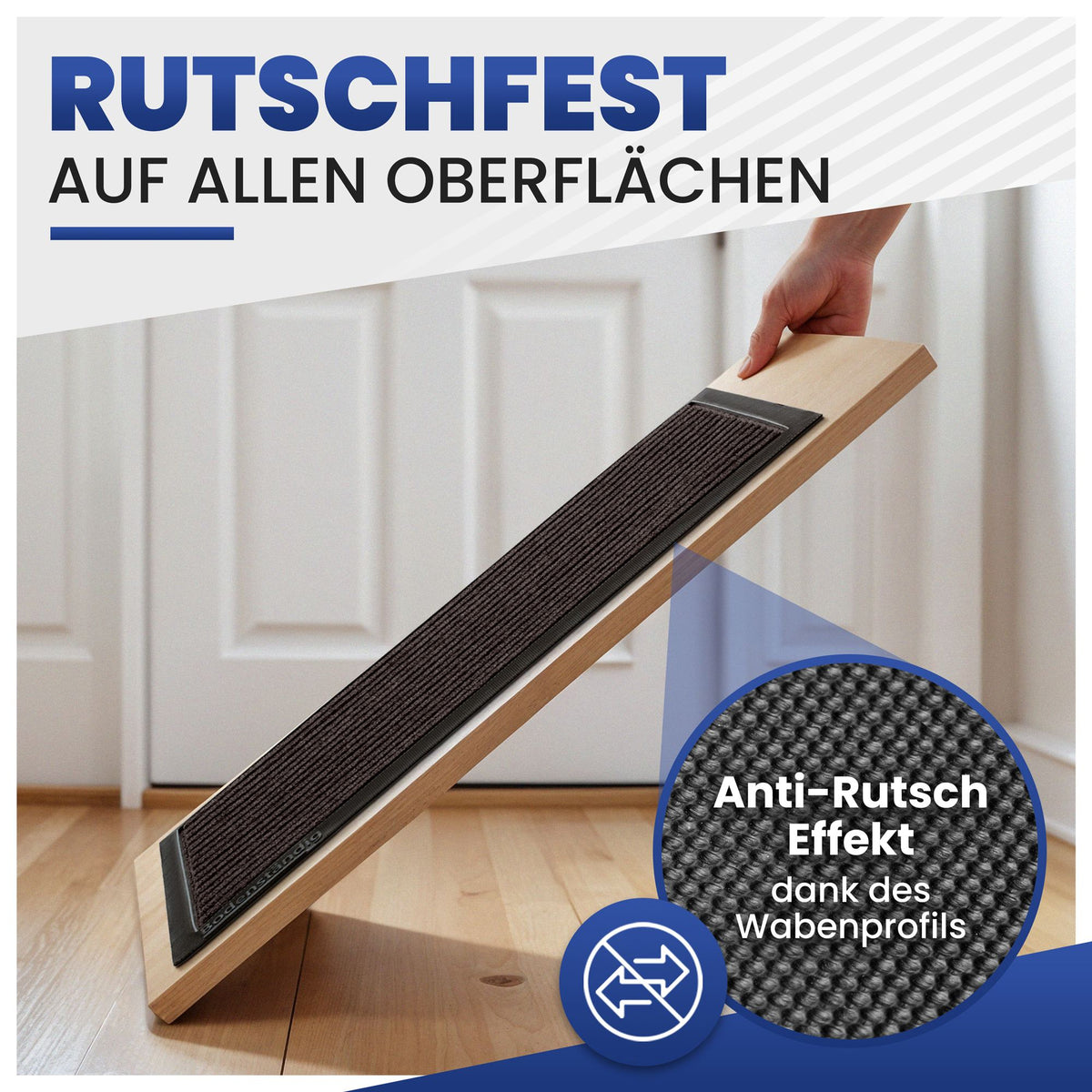 Braune Fußmatte mit Gummirand auf schräg gehaltenem Brett, Text: rutschfest auf allen Oberflächen, Wabenprofil-Detail