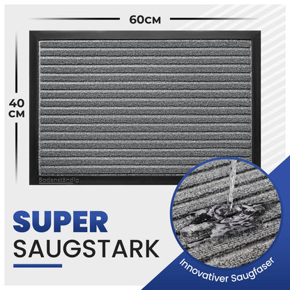 Graue Fußmatte in 40 x 60 cm mit Rillen, Wassertropfen auf Saugfaser, Text: super saugstark