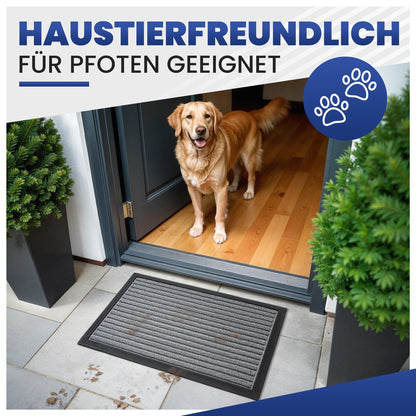 Graue Fußmatte vor einer Haustür, dahinter steht ein Golden Retriever; Text: Haustierfreundlich, für Pfoten geeignet