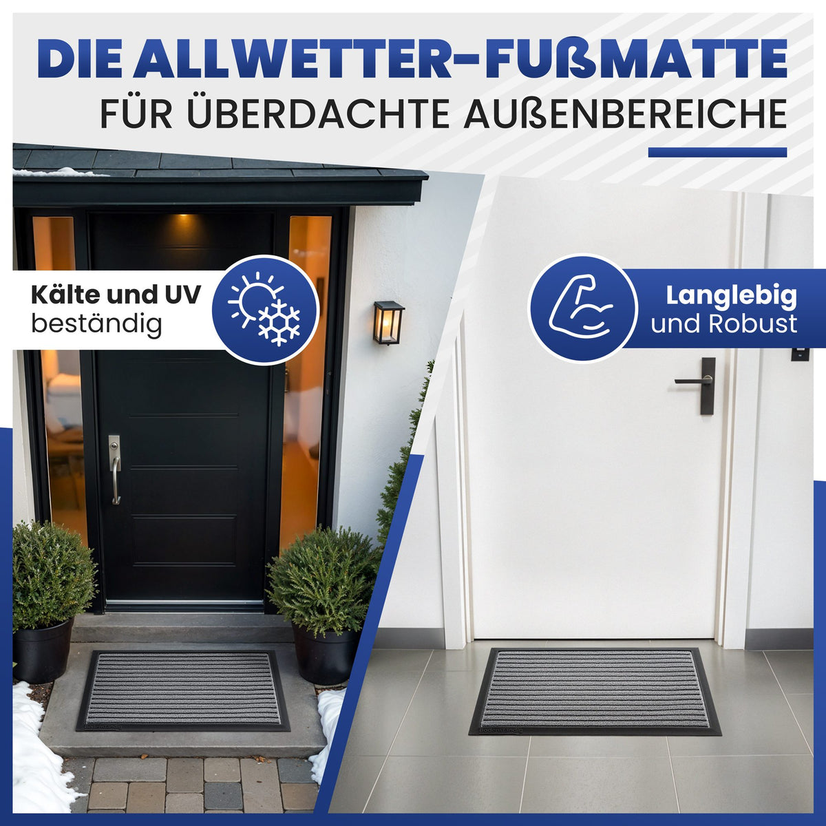 Graue Fußmatte vor Haustür im Schnee und in einem Flur; Text: Allwetter-Fußmatte, kälte- und UV-beständig, langlebig