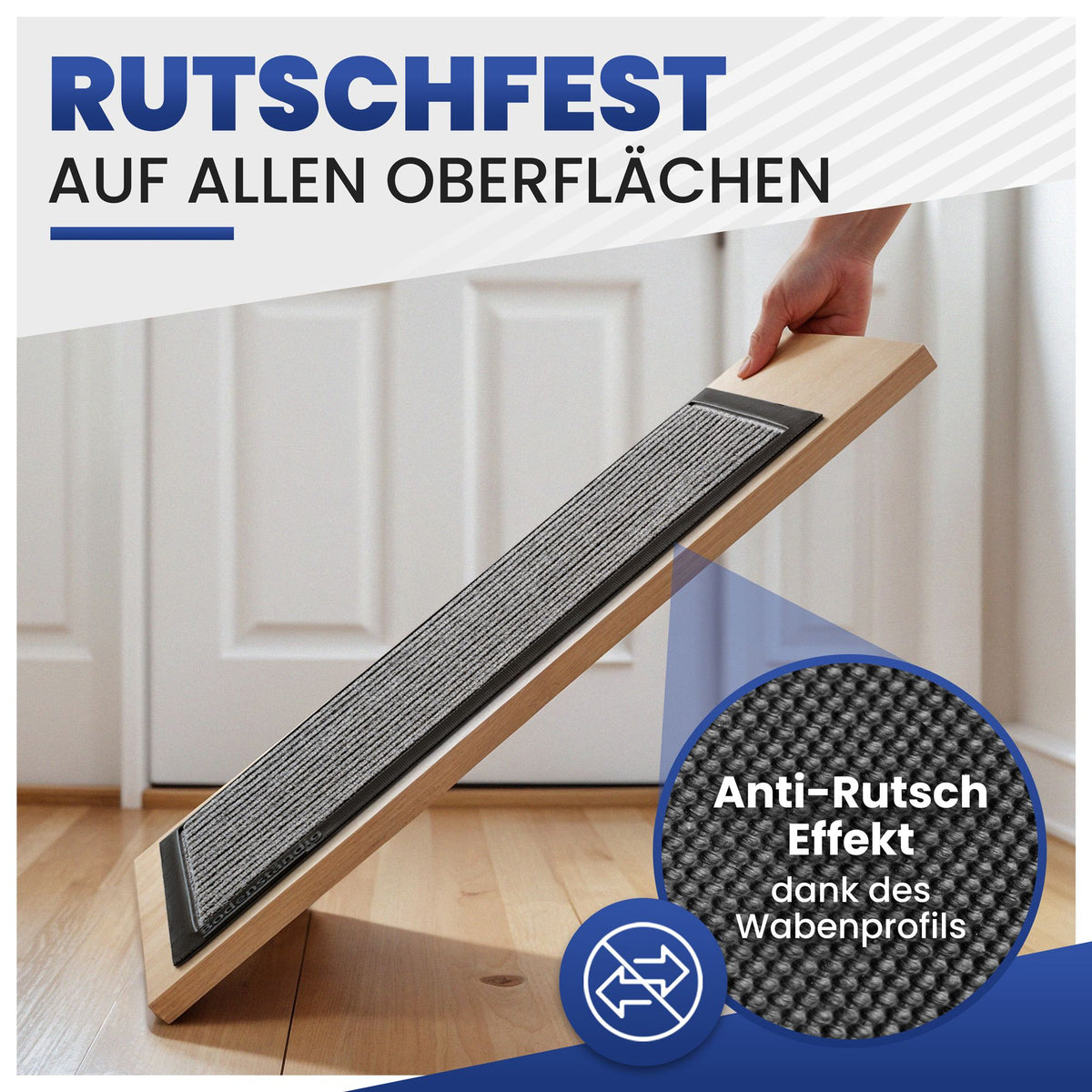 Graue Fußmatte auf schräg gehaltenem Brett, Nahaufnahme Wabenprofil; Text: Rutschfest auf allen Oberflächen, Anti-Rutsch-Effekt