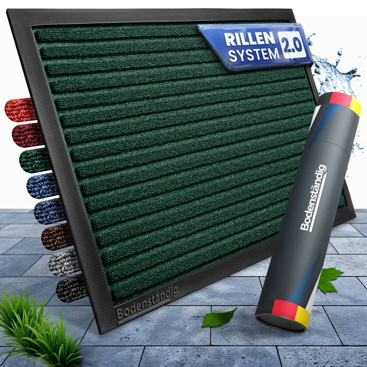 Grüne Fußmatte mit Rillensystem 2.0 auf Steinplatten, daneben Farbmuster und eine Bodenständig-Verpackungsrolle