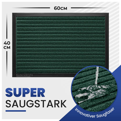 Grüne Fußmatte mit Maßen 40 x 60 cm und Wasser auf der Faser in Nahaufnahme; Text: Super saugstark