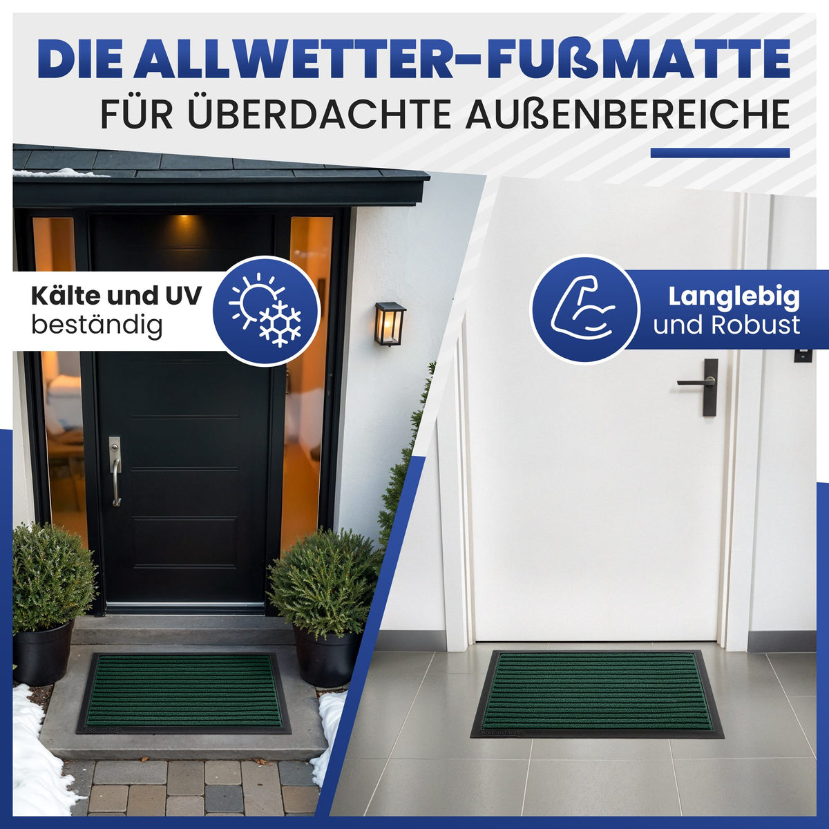 Grüne Fußmatte vor Haustür im Schnee und in einem Flur; Text: Allwetter-Fußmatte, kälte- und UV-beständig, langlebig