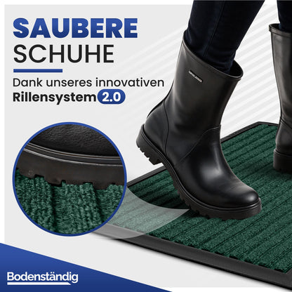 Schwarzer Gummistiefel steht auf grüner Fußmatte, Nahaufnahme der Rillen; Text: Saubere Schuhe dank Rillensystem 2.0