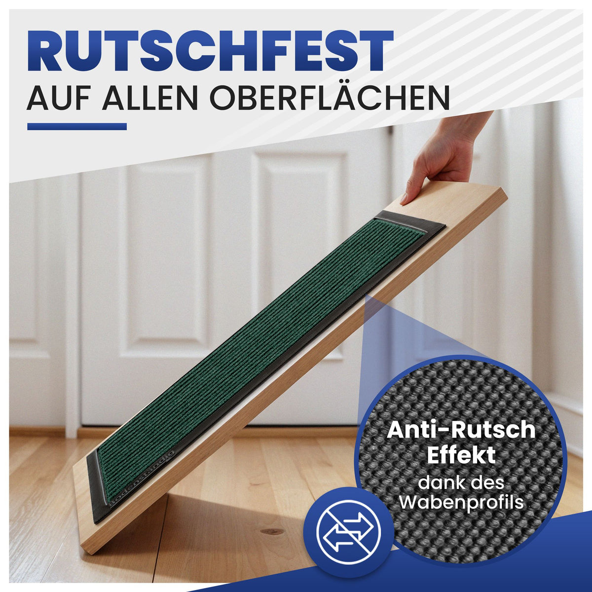 Grüne Fußmatte auf schräg gehaltenem Holzbrett, Detail der Wabenstruktur der Unterseite, Text: Rutschfest auf allen Oberflächen
