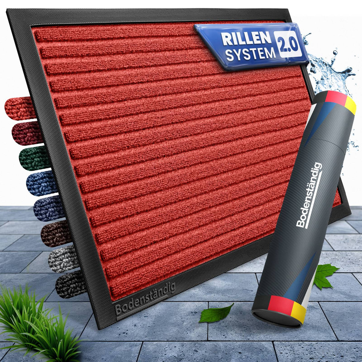 Rote Fußmatte mit Rillensystem 2.0, daneben Farbmuster und eine Bodenständig-Versandrolle auf Steinplatten