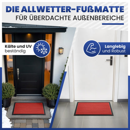 Rote Fußmatte vor einer Haustür im Schnee und in einem überdachten Eingang, Text: Die Allwetter-Fußmatte, langlebig und robust