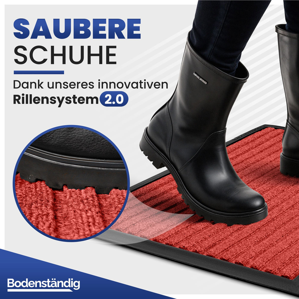 Person in schwarzen Gummistiefeln steht auf roter Fußmatte, Text: Saubere Schuhe dank Rillensystem 2.0