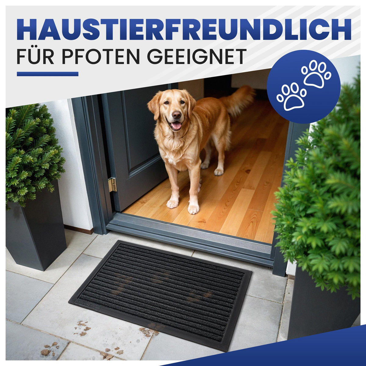 Schwarze Fußmatte vor einer Haustür mit schmutzigen Pfotenspuren, dahinter steht ein Golden Retriever auf Holzboden
