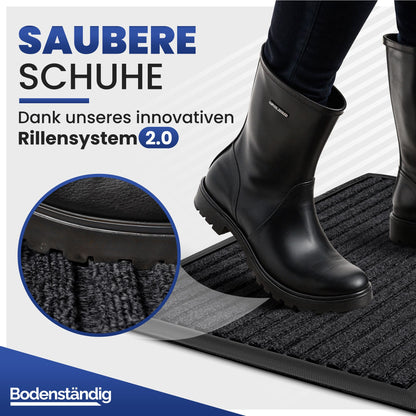Person in schwarzen Stiefeln steht auf einer schwarzen Fußmatte, Detailkreis zeigt das Rillensystem mit Schuhsohle