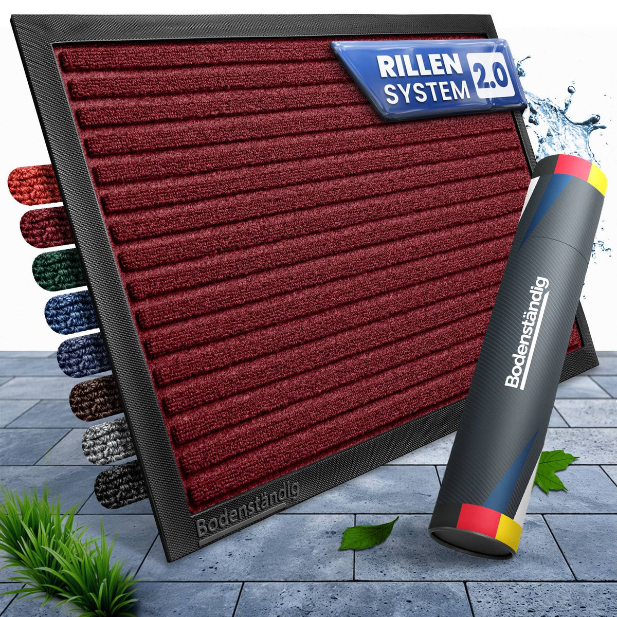 Dunkelrote Fußmatte mit Rillensystem 2.0 und Gummirand, daneben Farbmuster und Versandrolle von Bodenständig