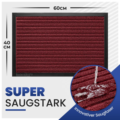 Dunkelrote Fußmatte in 40 x 60 cm mit Rillen, Wassertropfen auf Saugfaser, Text: super saugstark
