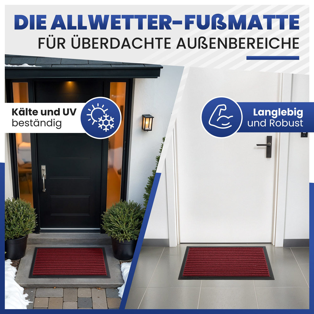 Dunkelrote Fußmatte vor einer Haustür im Schnee und in einem Flur, Text: Allwetter-Fußmatte, kälte- und UV-beständig