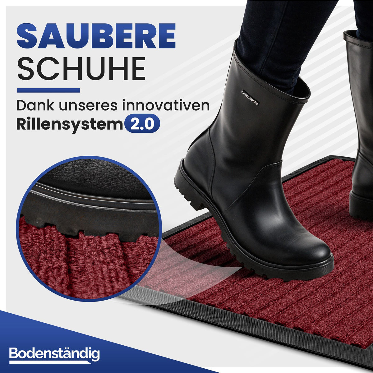 Schwarzer Gummistiefel steht auf dunkelroter Fußmatte, Detailansicht der Rillen, Text: saubere Schuhe dank Rillensystem 2.0