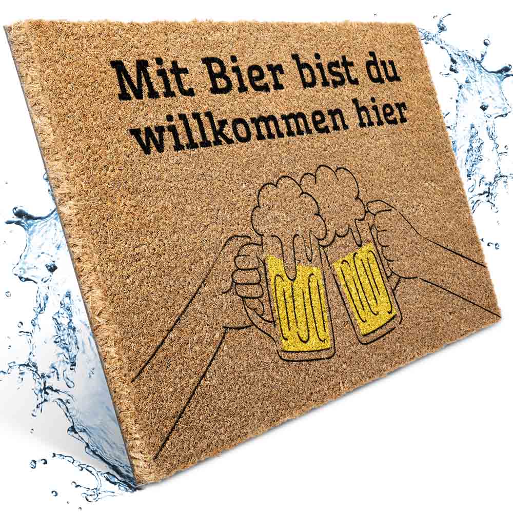 Kokos Fussmatte mit Aufdruck mit bier bist du willkommen hier, robuste Matte, wasserabweisend und langlebig