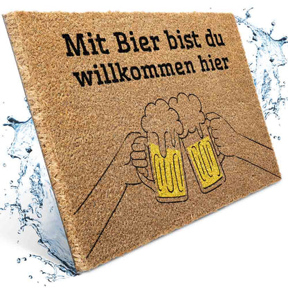 Kokos Fussmatte mit Aufdruck mit bier bist du willkommen hier, robuste Matte, wasserabweisend und langlebig