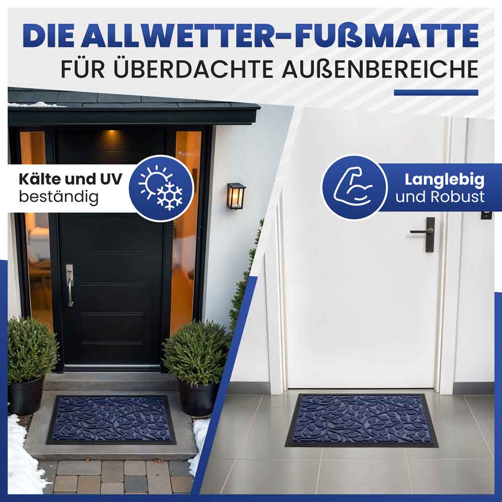 blaue fussmatte mit blattmuster fuer ueberdachte aussenbereiche zeigt kaelte und uv bestaendigkeit sowie robuste langlebige qualitaet