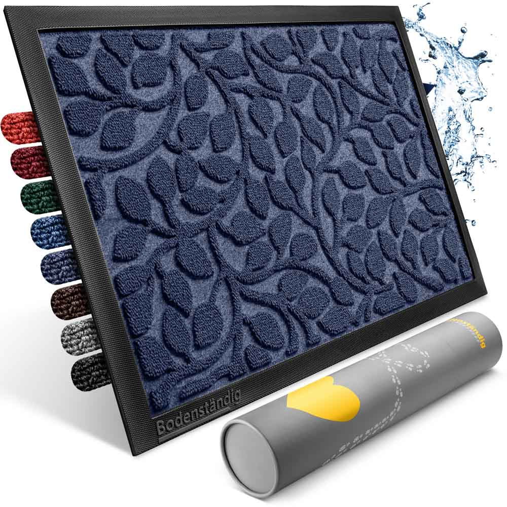 blaue rutschfeste fussmatte fuer innen mit blattmuster und gummirand von bodenstaendig in mehreren farben sowie wasserabweisender eigenschaft