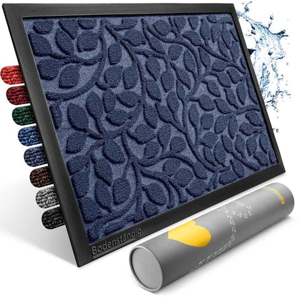 blaue rutschfeste fussmatte fuer innen mit blattmuster und gummirand von bodenstaendig in mehreren farben sowie wasserabweisender eigenschaft