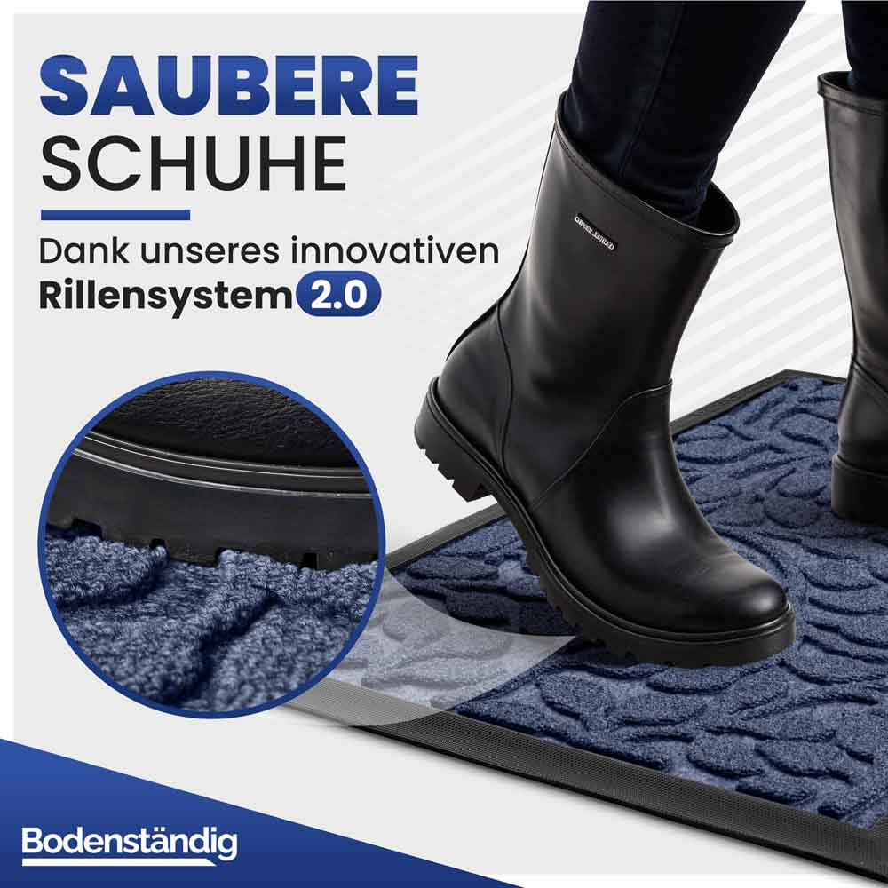 blaue fussmatte mit blattmuster reinigt schuhe dank innovativem rillensystem robuste stiefel auf matte gezeigt inklusive detailaufnahme