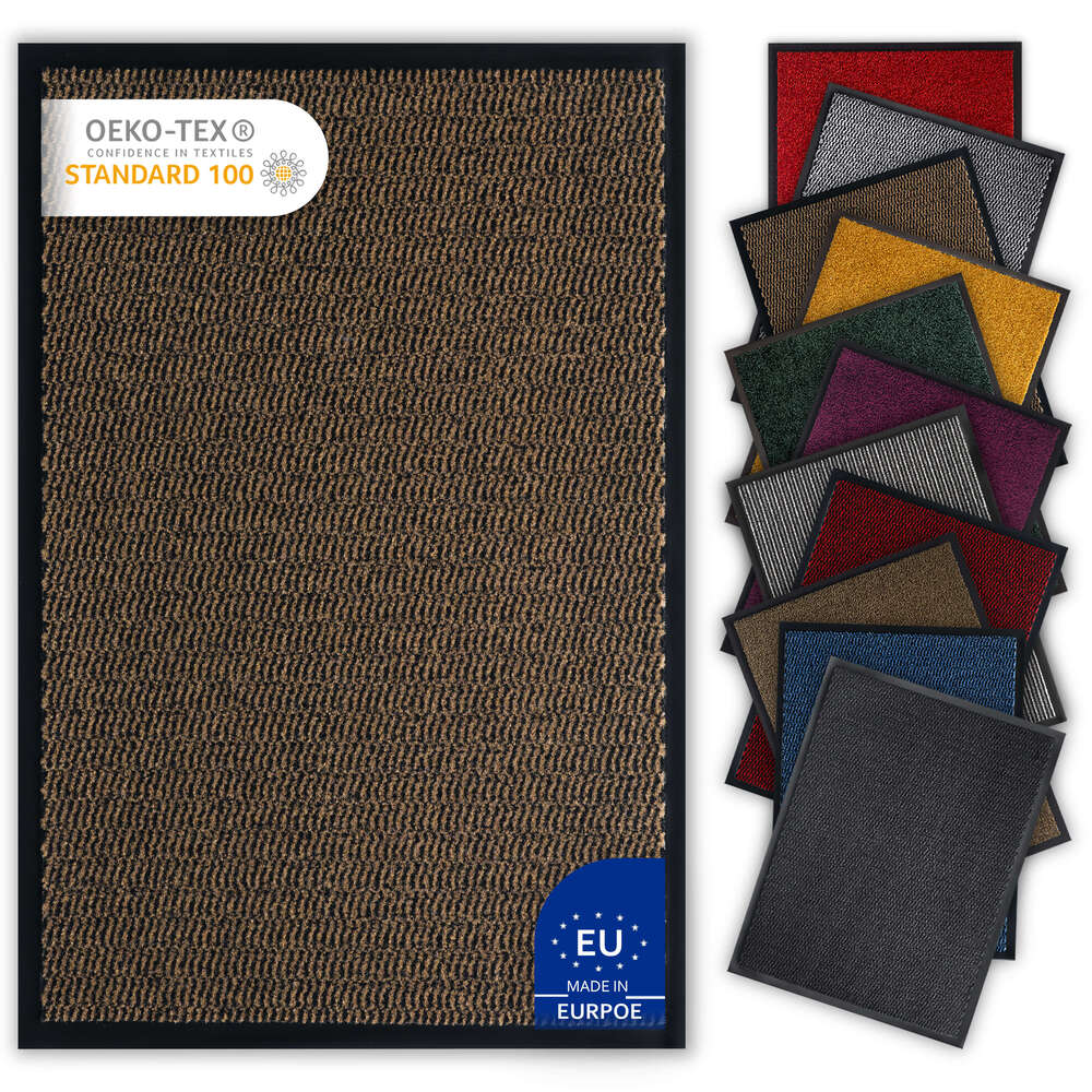 Braune Fussmatte mit rutschfester Unterseite, dargestellt in perfekter Groesse fuer den Aussenbereich