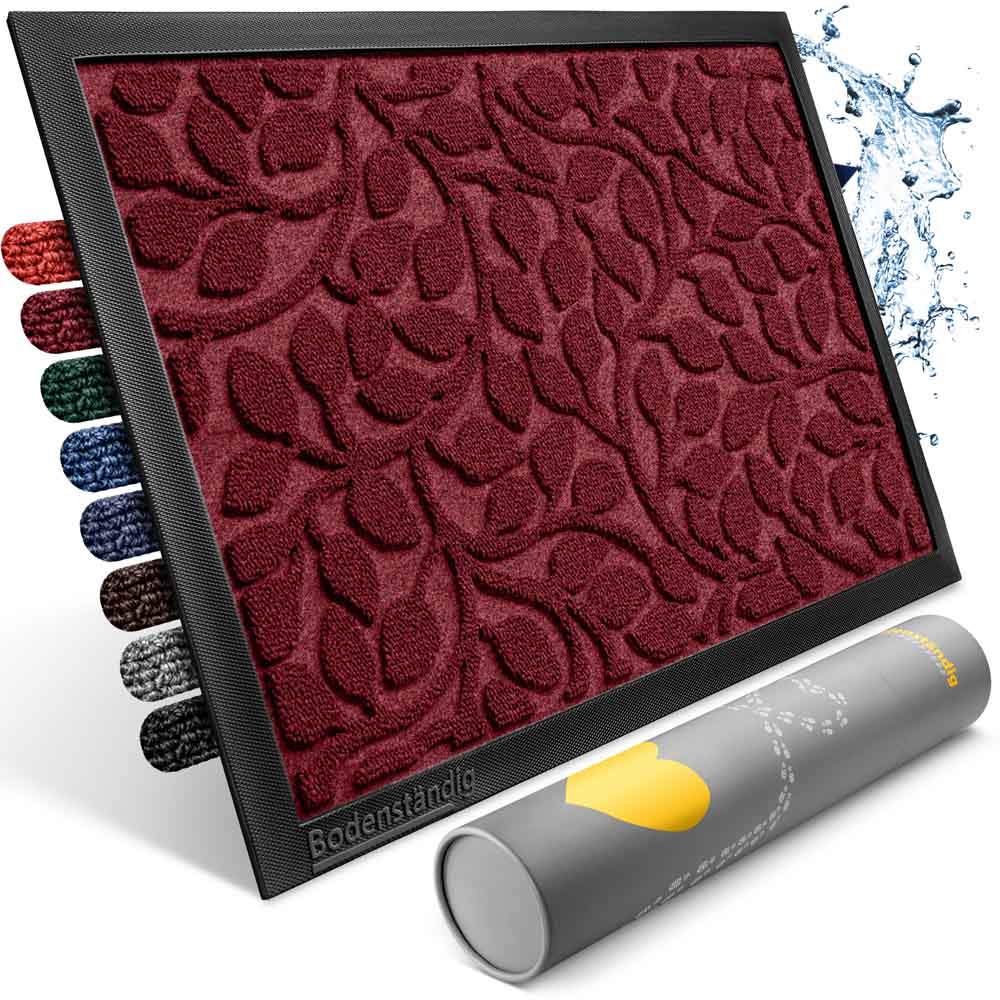 dunkelrote rutschfeste fussmatte fuer innen mit blattmuster und gummirand von bodenstaendig in mehreren farben sowie wasserabweisender eigenschaft