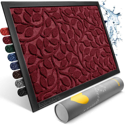dunkelrote rutschfeste fussmatte fuer innen mit blattmuster und gummirand von bodenstaendig in mehreren farben sowie wasserabweisender eigenschaft