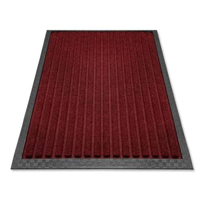 Dunkelrote Fussmatte mit streifenstruktur und robustem Rand, ideal fuer Eingangsbereich und Flur.
