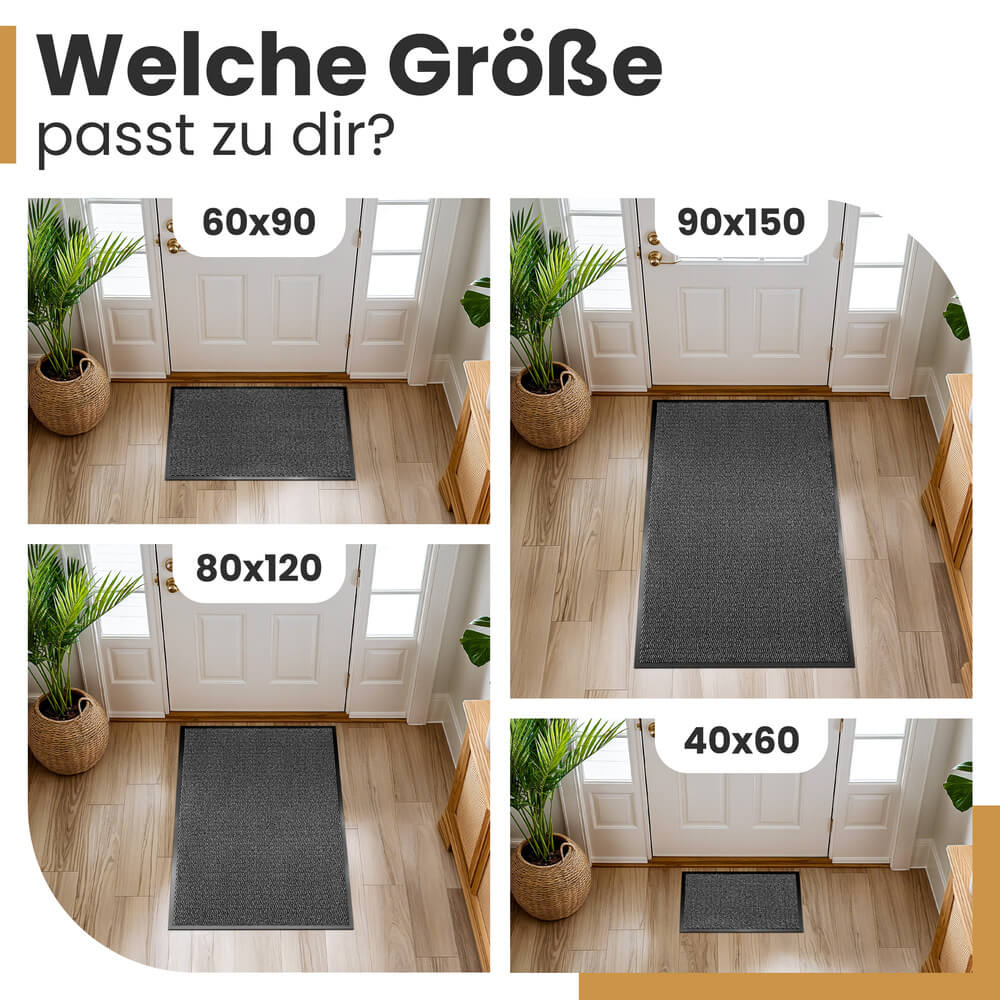 Uebersicht Fussmatten für aussen in grau mit mehreren Groessen für Eingangsbereiche und Flure
