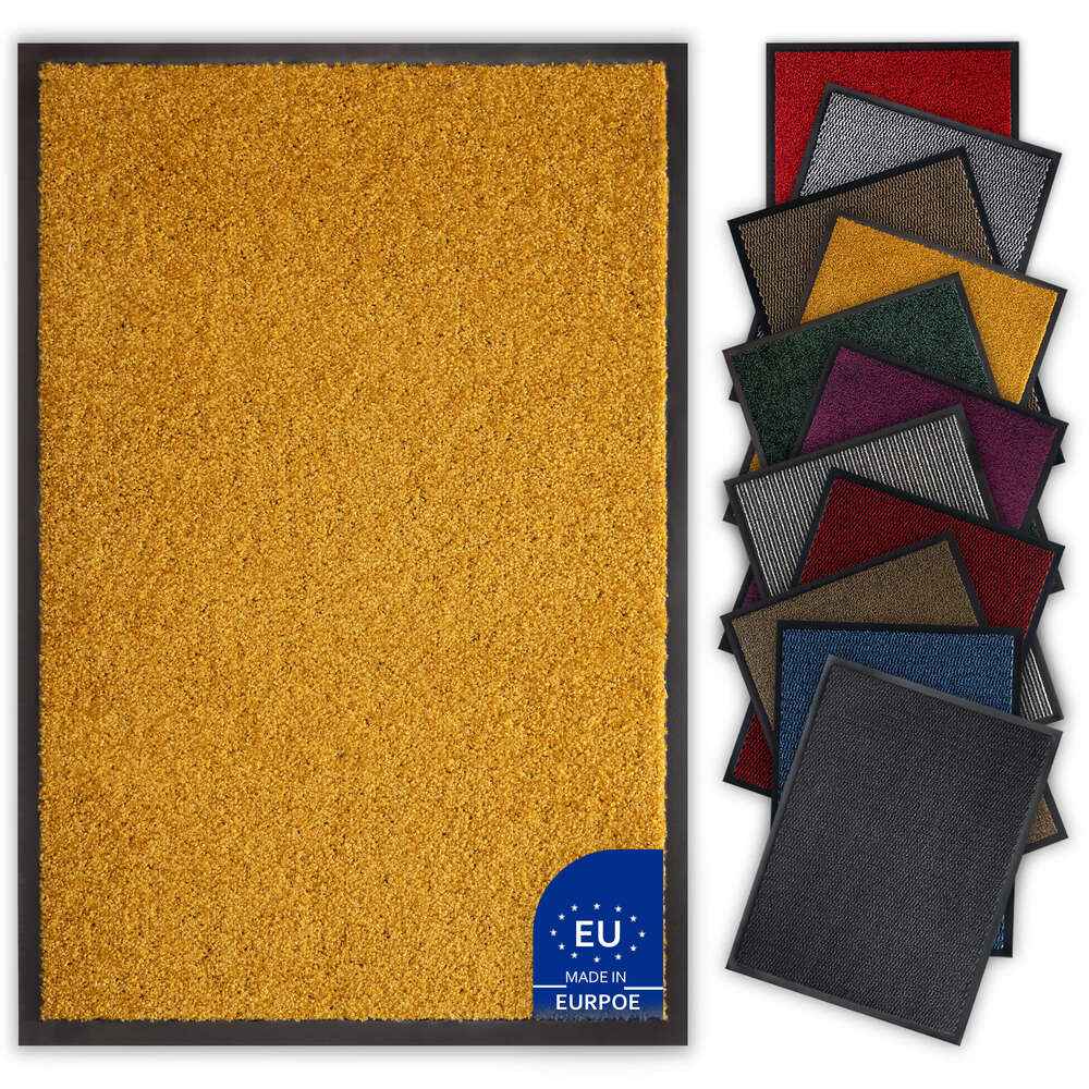 Gelbe Fussmatte mit rutschfester Unterseite, dargestellt in perfekter Groesse fuer den Aussenbereich