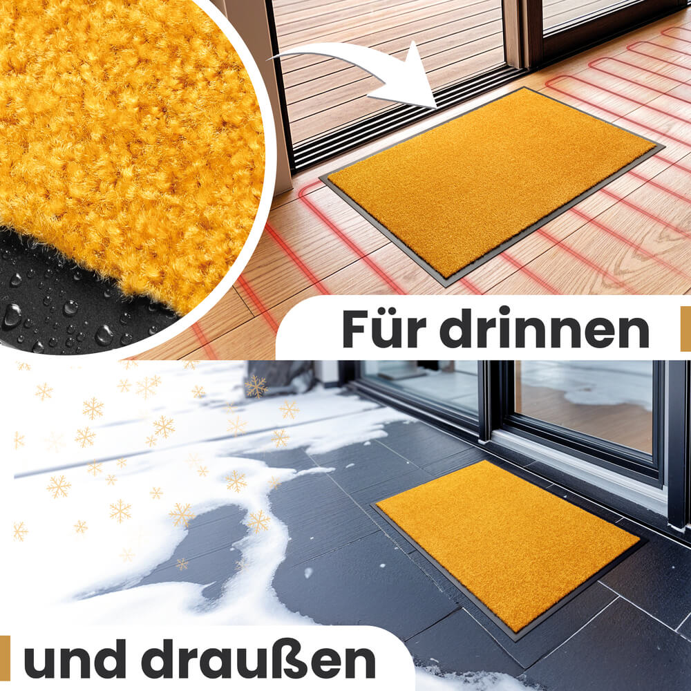 Gelbe Schmutzfangmatte ist perfekt geeignet für drinnen und draussen und haelt wetter stand