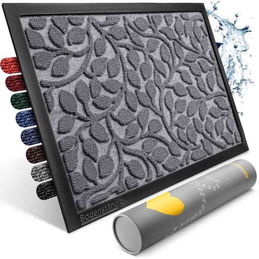 graue rutschfeste fussmatte fuer innen mit blattmuster und gummirand von bodenstaendig in mehreren farben sowie wasserabweisender eigenschaft