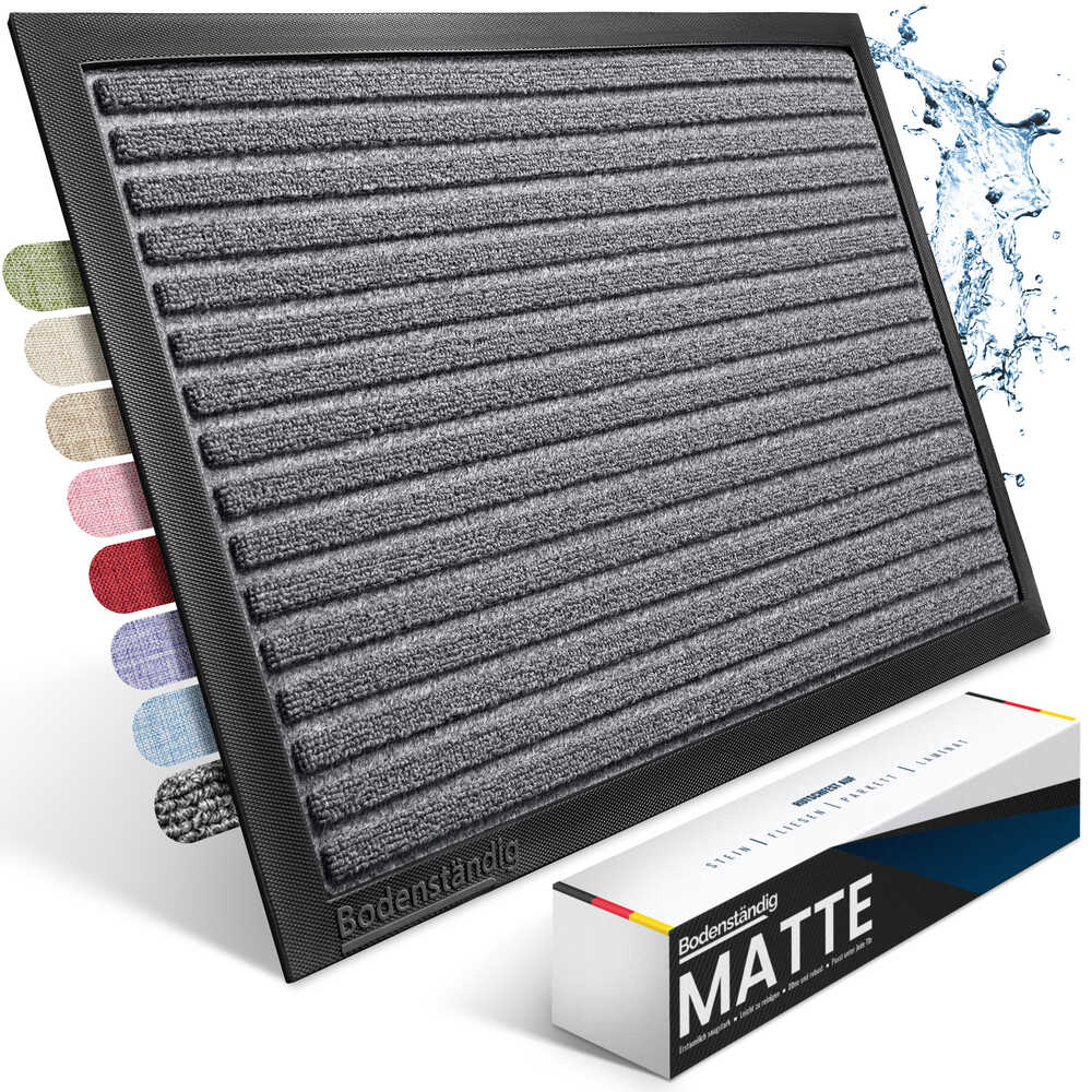 Graue Fussmatte mit streifenstruktur, farbauswahl am Rand und wasserabweisender Darstellung neben Produktbox.
