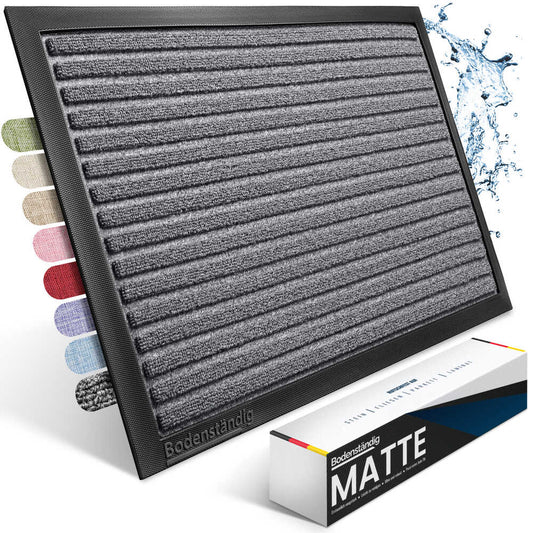 Graue Fussmatte mit streifenstruktur, farbauswahl am Rand und wasserabweisender Darstellung neben Produktbox.