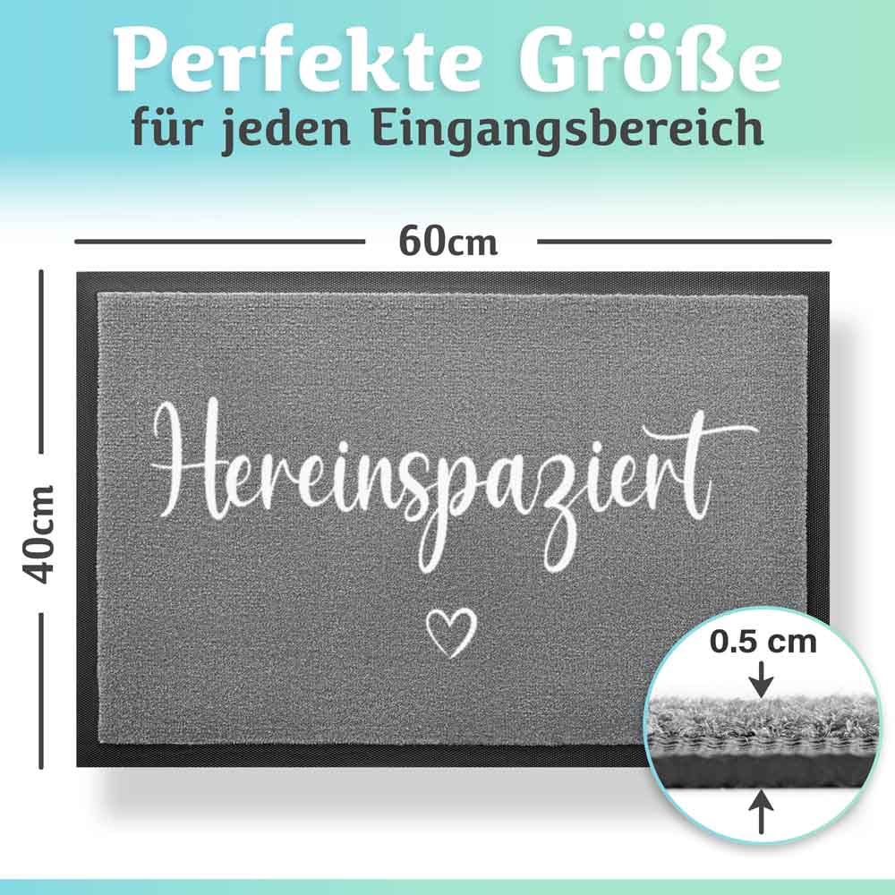 graue hereinspaziert fussmatte in der groesse 60x40 cm mit 0.5 cm hoehe perfekt fuer eingangsbereiche und haustuerbereiche