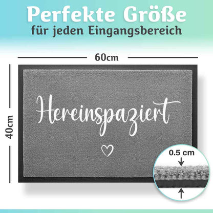 graue hereinspaziert fussmatte in der groesse 60x40 cm mit 0.5 cm hoehe perfekt fuer eingangsbereiche und haustuerbereiche