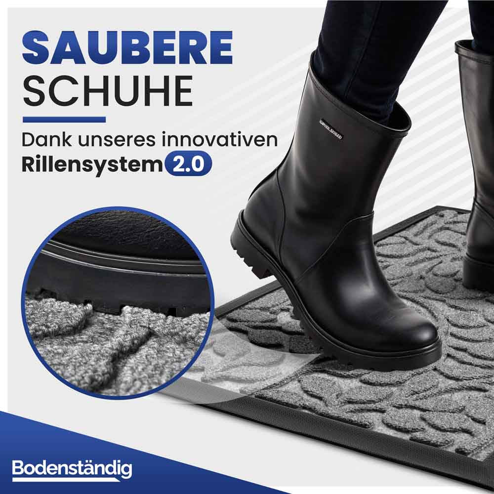 graue fussmatte mit blattmuster reinigt schuhe dank innovativem rillensystem robuste stiefel auf matte gezeigt detailaufnahme inklusive