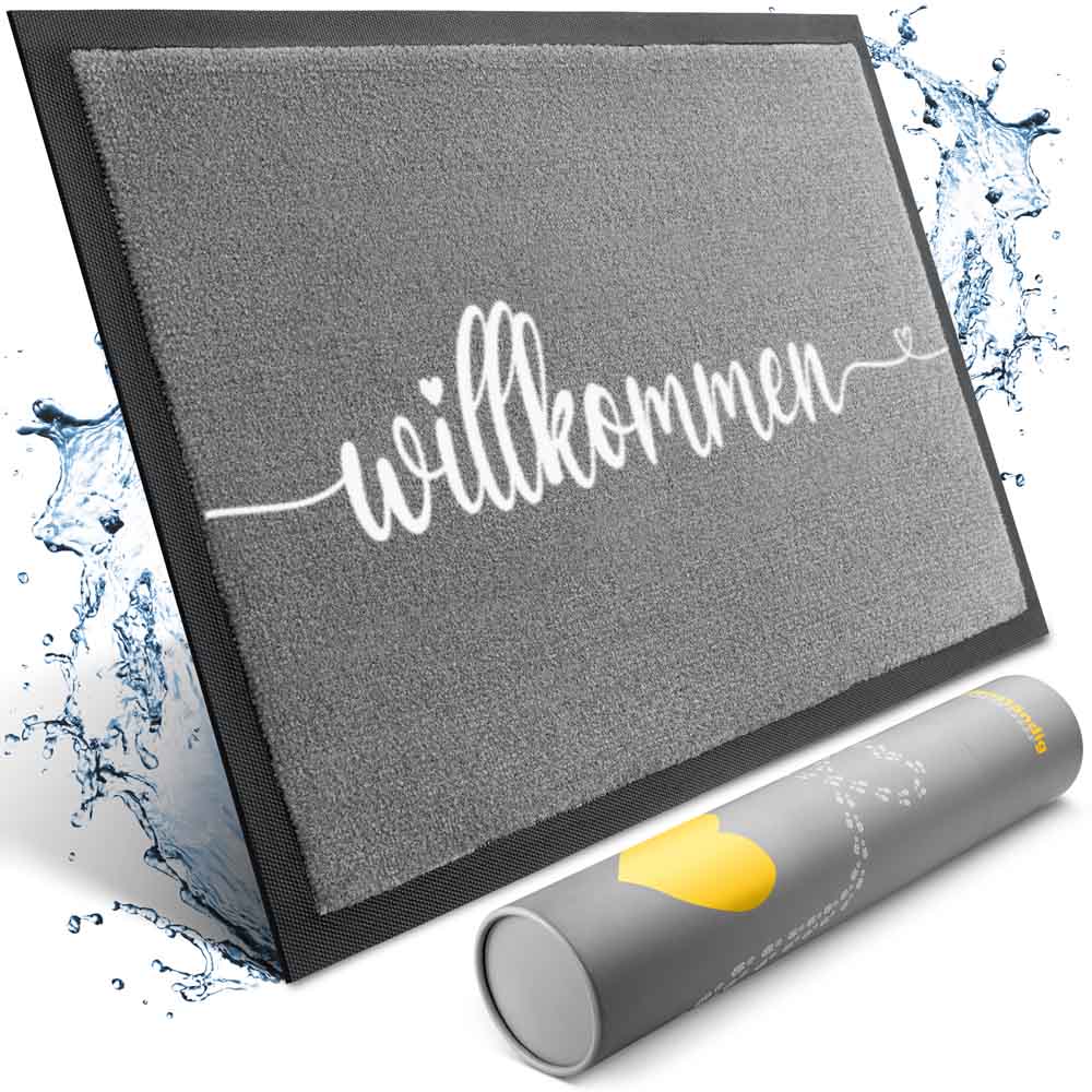 graue willkommen fussmatte mit wasserabweisender oberflaeche und rutschfester rueckseite inklusive verpackungsrolle von bodenstaendig