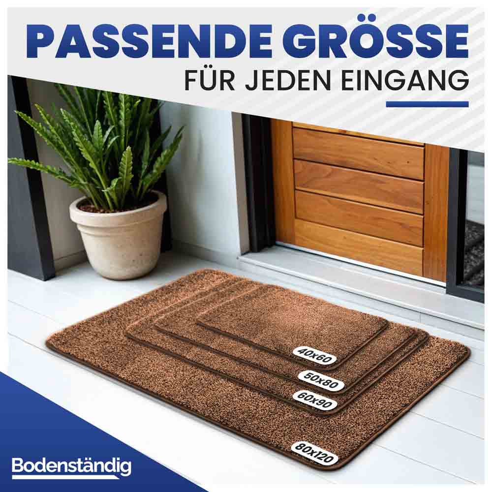 Braune Fußmatte in vier passenden Größen (40x60 bis 80x120) für jeden Eingang. Fußmatte von Bodenständig.