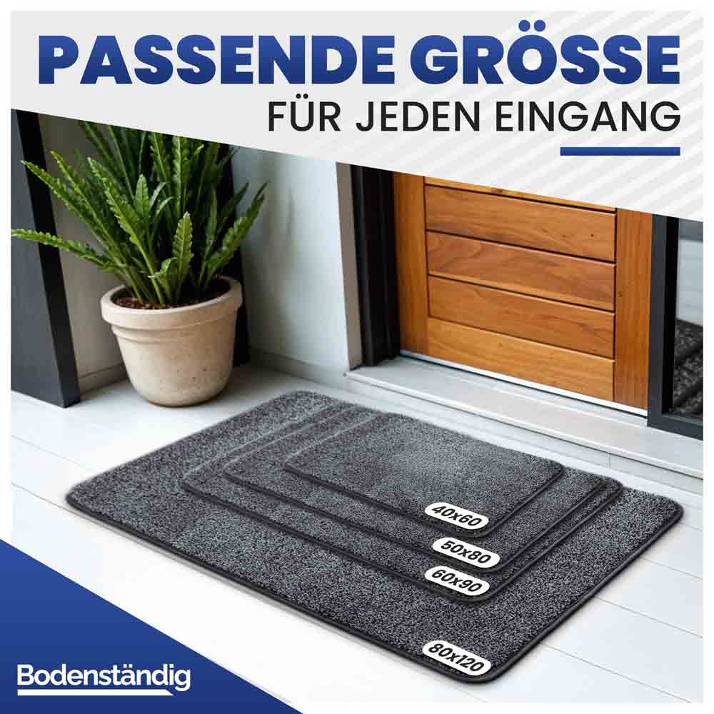 Graue Fußmatte in vier passenden Größen (40x60 bis 80x120) für jeden Eingang. Fußmatte von Bodenständig.