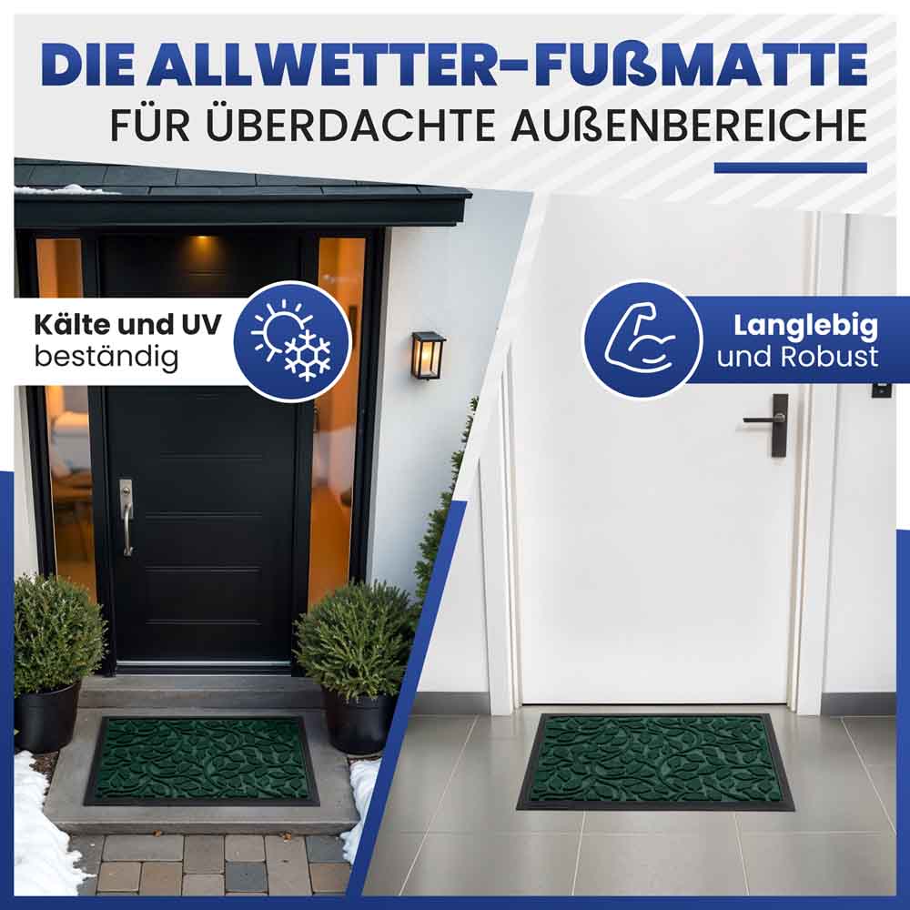 gruene fussmatte mit blattmuster fuer ueberdachte aussenbereiche zeigt kaelte und uv bestaendigkeit sowie robuste langlebige qualitaet