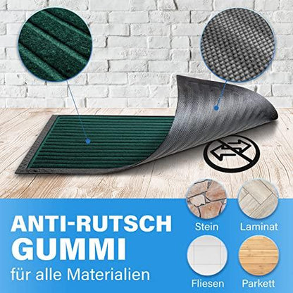 Gruene Fussmatte mit Anti Rutsch Gummi und strukturierter Oberflaeche, geeignet fuer Stein, Laminat, Fliesen und Parkett.